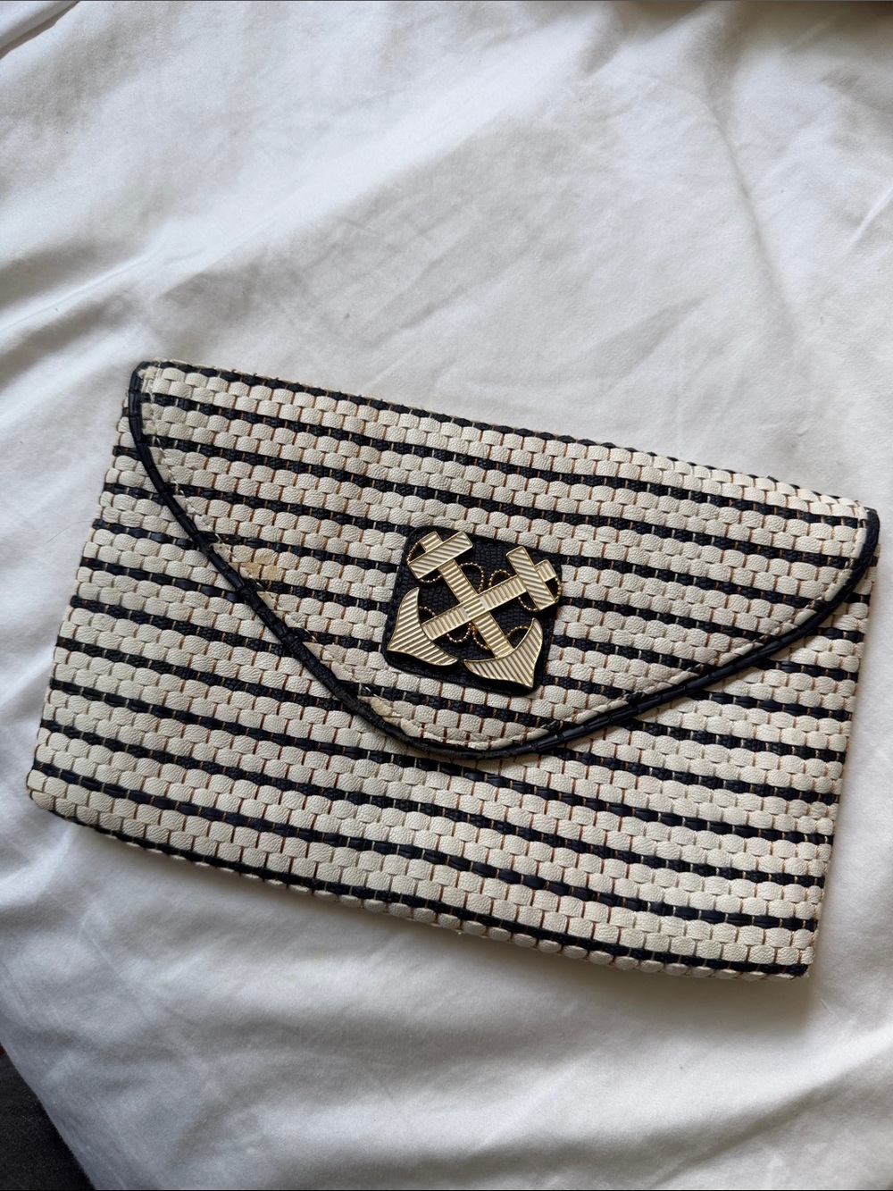Lilly Pulitzer Black and Cream Striped Woven Envelope Clutch with Anchor Emblem